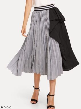 SHEIN Black & White Striped Asymmetric Ruffle Midi Skirt